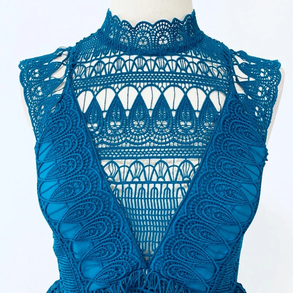Self-Portrait Teardrop Guipure Tiered Lace Turquoise Teal BOHO Embroidery Dress - Picture 10 of 16